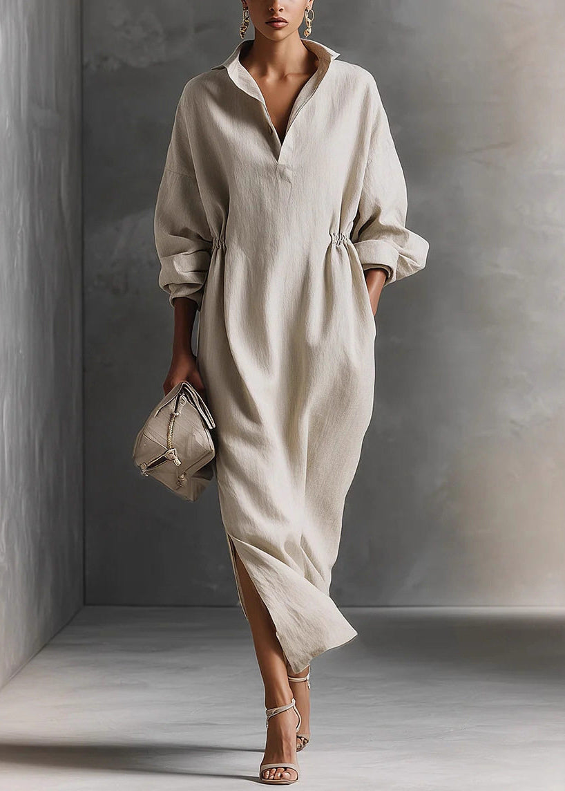 Beige Patchwork Side Open Long Dress Long Sleeve
