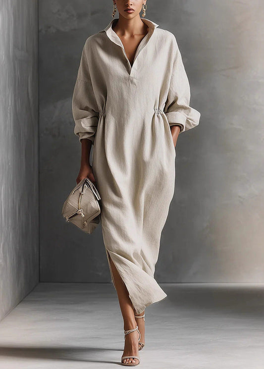Beige Patchwork Side Open Long Dress Long Sleeve