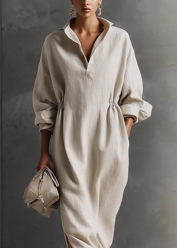 Beige Patchwork Side Open Long Dress Long Sleeve