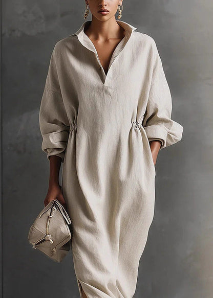 Beige Patchwork Side Open Long Dress Long Sleeve