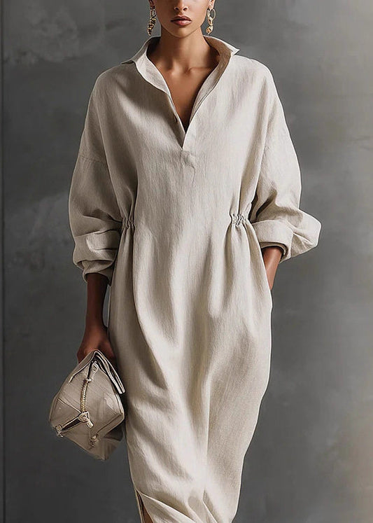 Beige Patchwork Side Open Long Dress Long Sleeve