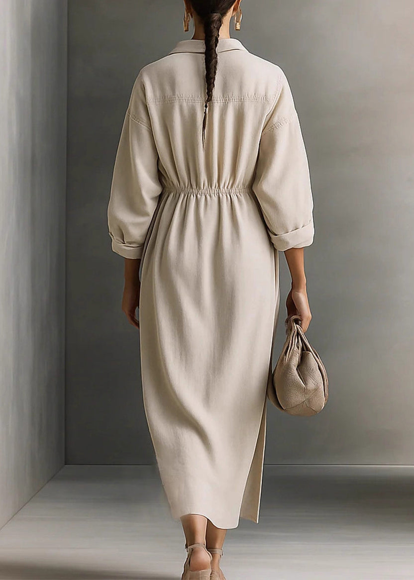 Beige Patchwork Side Open Long Dress Long Sleeve