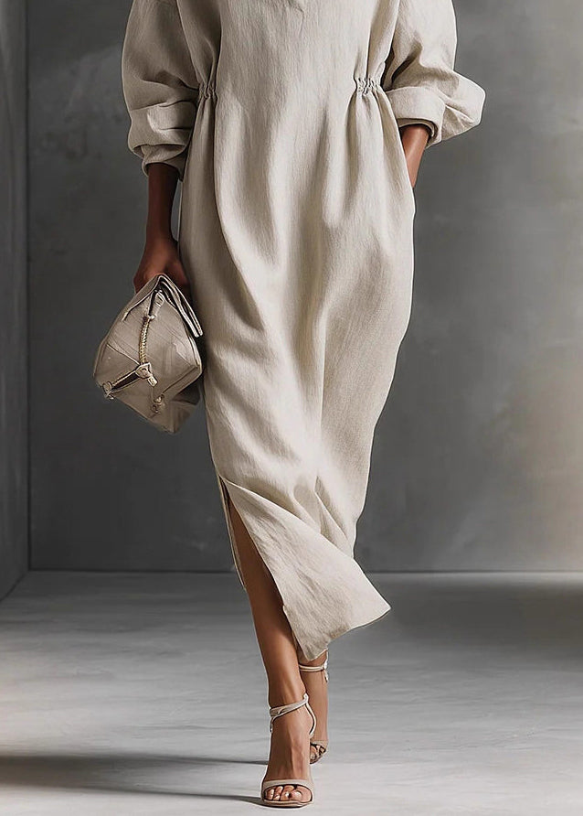 Beige Patchwork Side Open Long Dress Long Sleeve