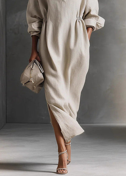 Beige Patchwork Side Open Long Dress Long Sleeve