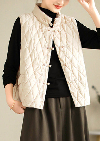 Beige Plaid Button Solid Fine Cotton Sleeveless Stand Collar