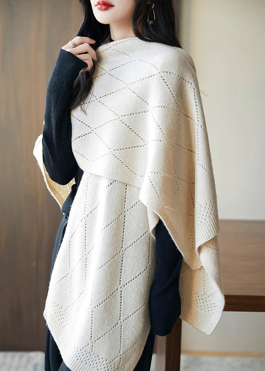 Beige Plaid Cozy Knit Shawl Sweaters Hollow Out