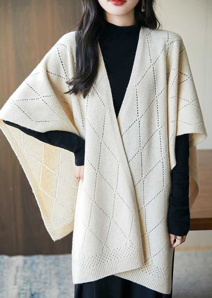 Beige Plaid Cozy Knit Shawl Sweaters Hollow Out