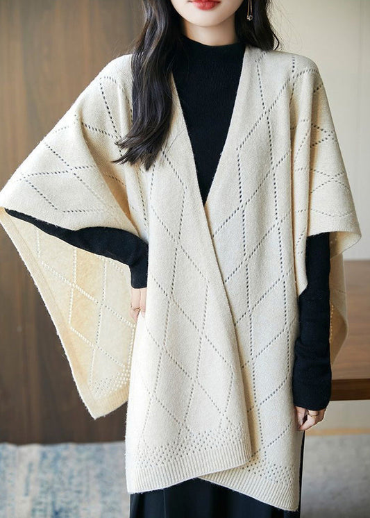 Beige Plaid Cozy Knit Shawl Sweaters Hollow Out