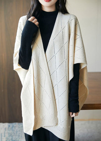 Beige Plaid Cozy Knit Shawl Sweaters Hollow Out