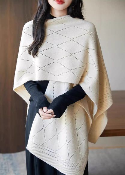 Beige Plaid Cozy Knit Shawl Sweaters Hollow Out