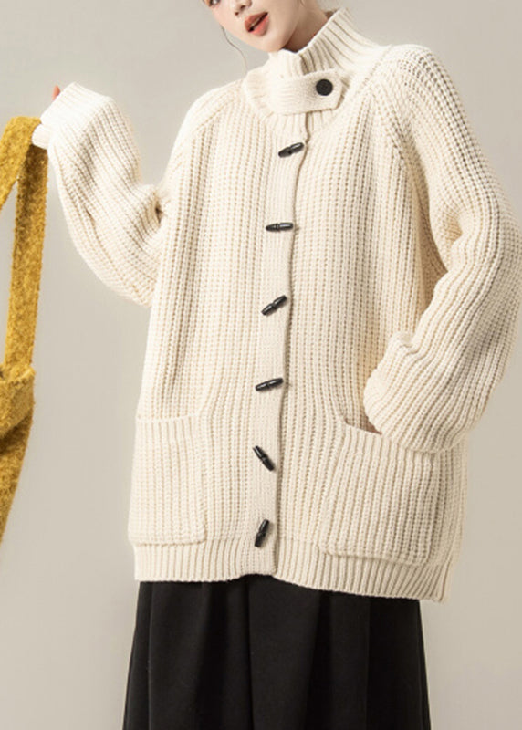 Beige Pockets Solid Cotton Knit Cardigan Long Sleeve