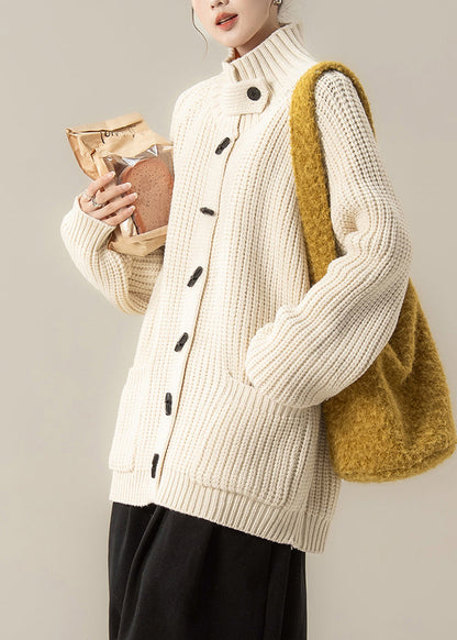 Beige Pockets Solid Cotton Knit Cardigan Long Sleeve