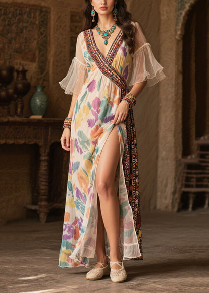 Beige Print Chiffon Holiday Dress Side Open Flare Sleeve