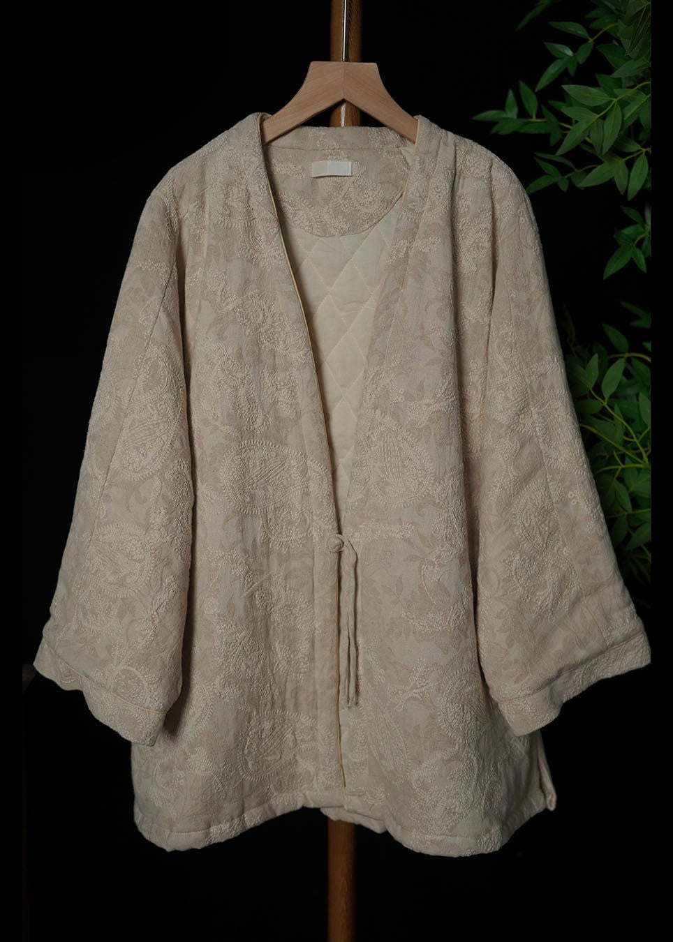 Beige Print Fine Cotton Filled Jacket In Winter V Neck Thick Warm