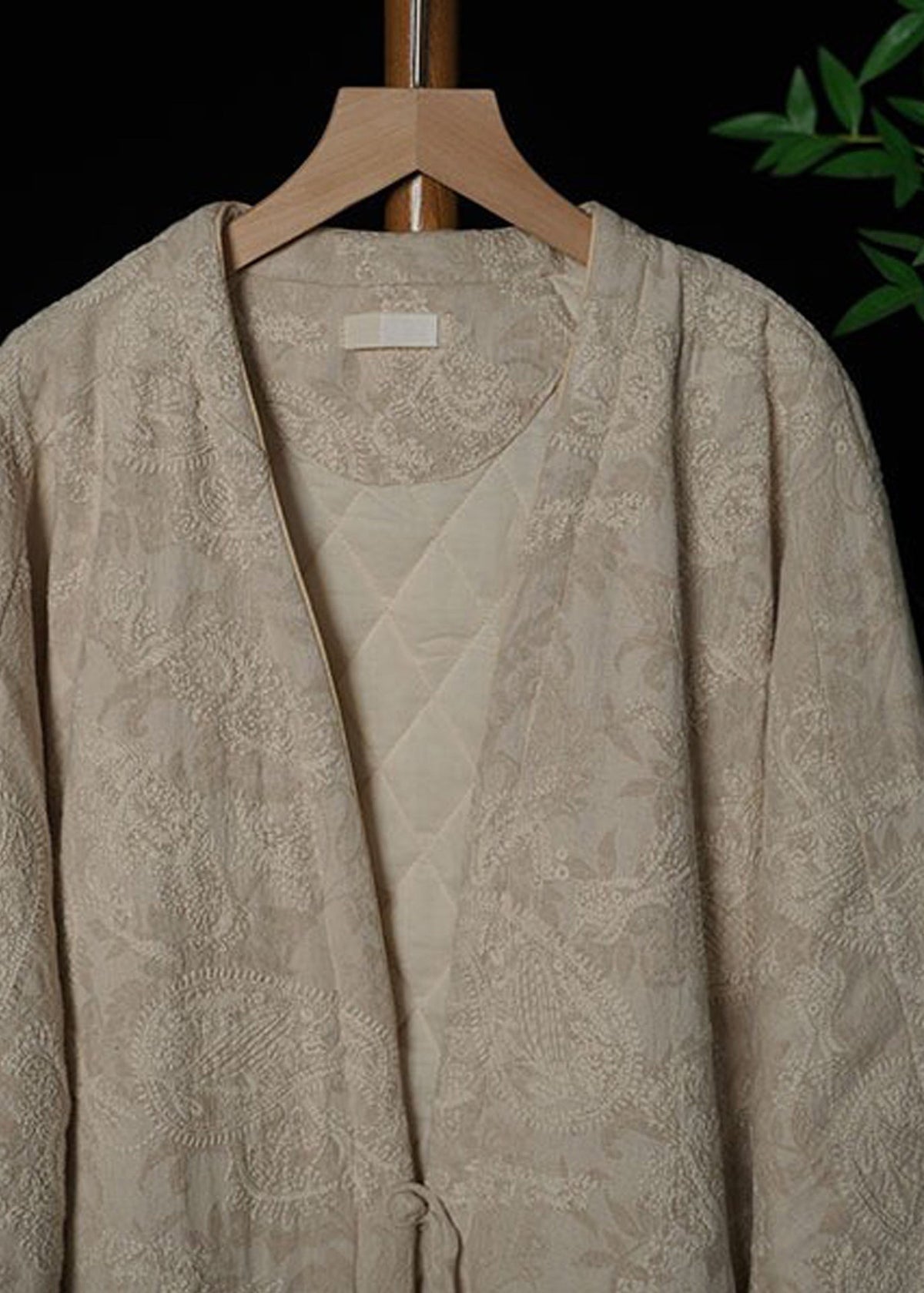 Beige Print Fine Cotton Filled Jacket In Winter V Neck Thick Warm