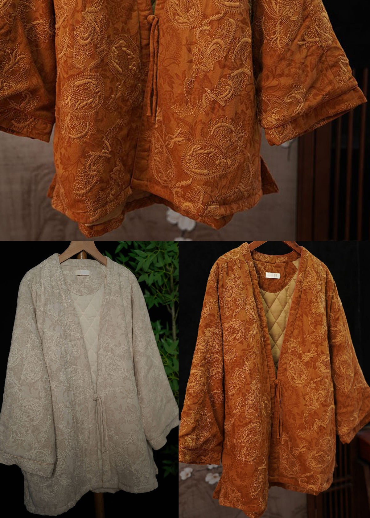 Beige Print Fine Cotton Filled Jacket In Winter V Neck Thick Warm