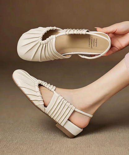 Beige Ruched Low Heel Faux Leather Closed Toe Sandals
