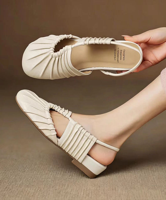 Beige Ruched Low Heel Faux Leather Closed Toe Sandals