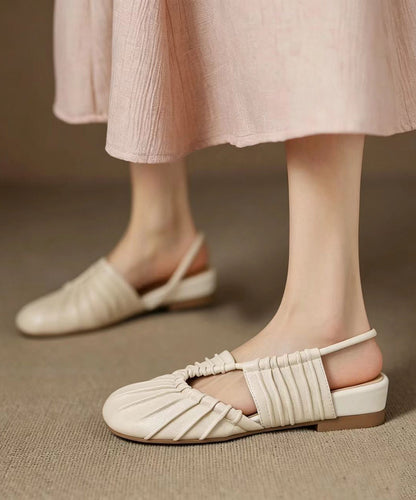 Beige Ruched Low Heel Faux Leather Closed Toe Sandals
