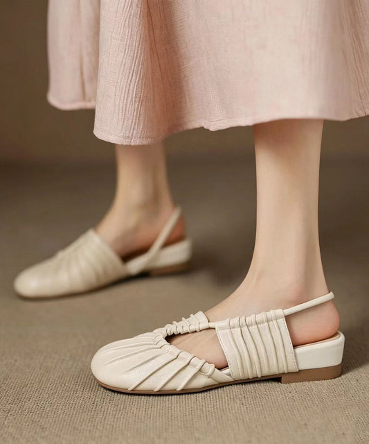 Beige Ruched Low Heel Faux Leather Closed Toe Sandals