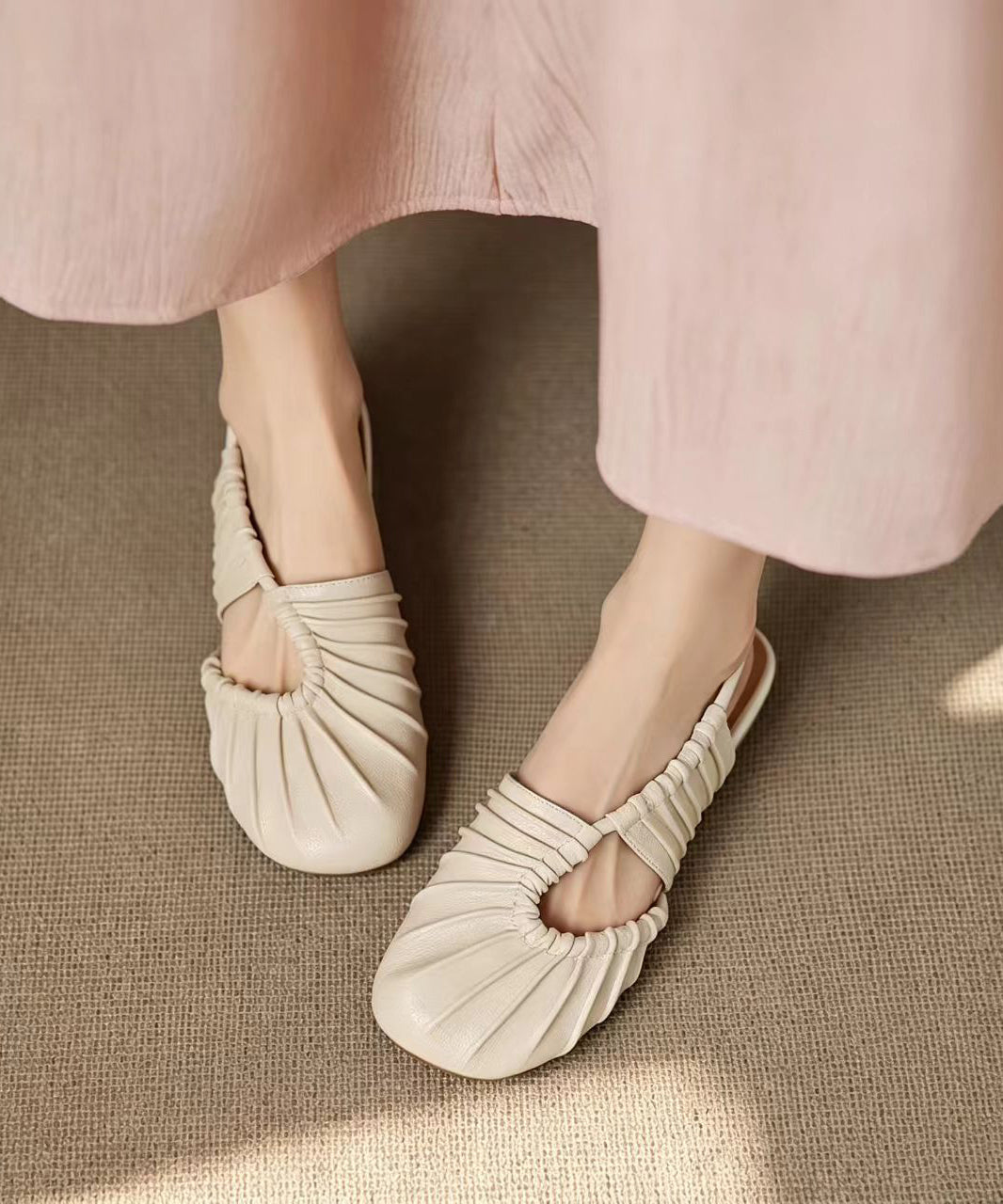 Beige Ruched Low Heel Faux Leather Closed Toe Sandals
