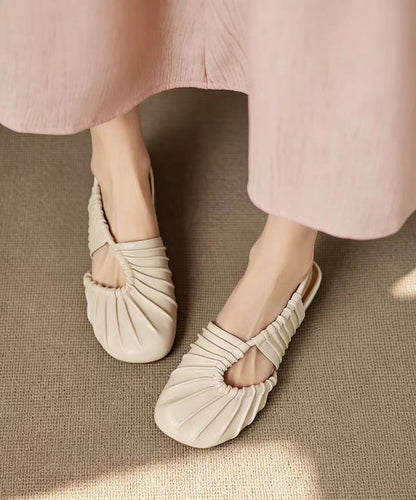 Beige Ruched Low Heel Faux Leather Closed Toe Sandals
