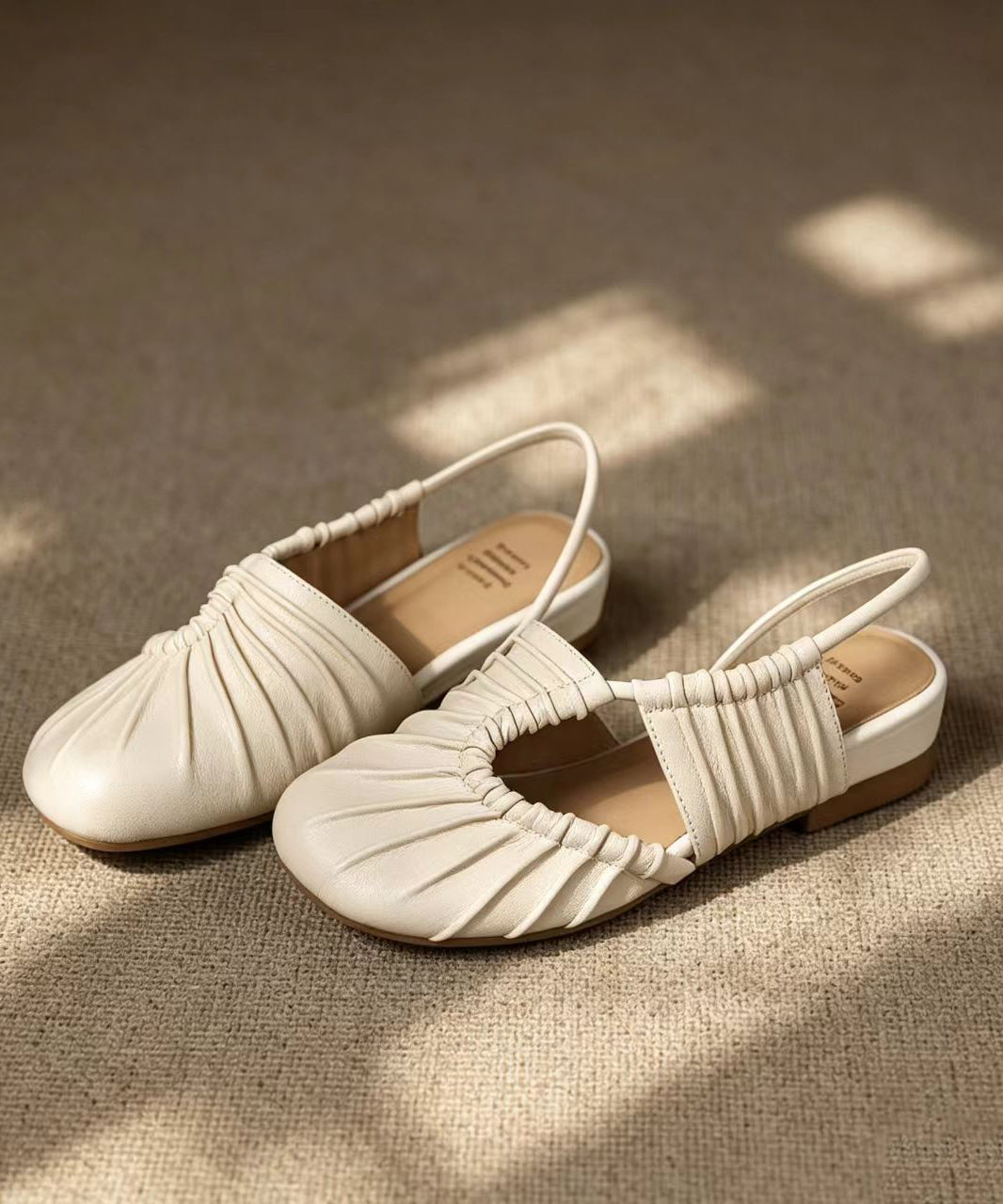 Beige Ruched Low Heel Faux Leather Closed Toe Sandals