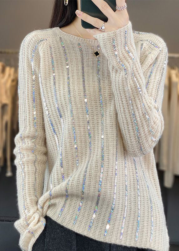 Beige Sequin Thick Knit Sweater O Neck Long Sleeve