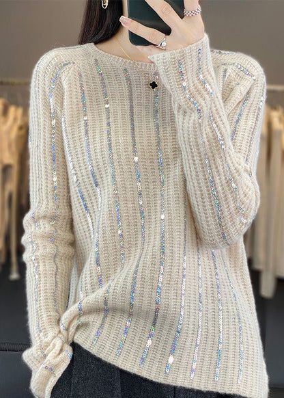 Beige Sequin Thick Knit Sweater O Neck Long Sleeve