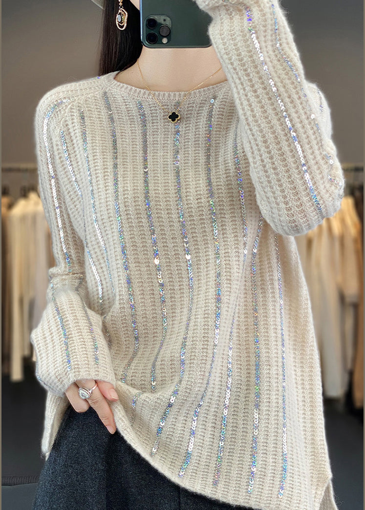 Beige Sequin Thick Knit Sweater O Neck Long Sleeve