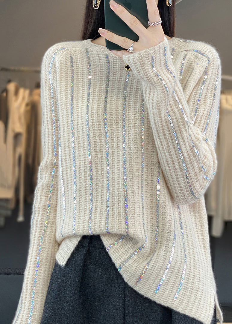 Beige Sequin Thick Knit Sweater O Neck Long Sleeve