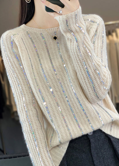 Beige Sequin Thick Knit Sweater O Neck Long Sleeve