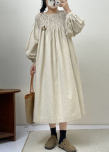 Load image into Gallery viewer, Beige Solid Cotton Dresses Lace Up Long Sleeve