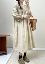 Load image into Gallery viewer, Beige Solid Cotton Dresses Lace Up Long Sleeve