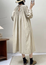 Load image into Gallery viewer, Beige Solid Cotton Dresses Lace Up Long Sleeve
