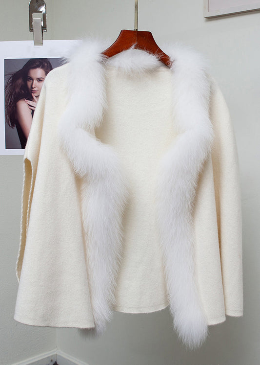 Beige Solid Patchwork Woolen Winter Coat Fox Collar