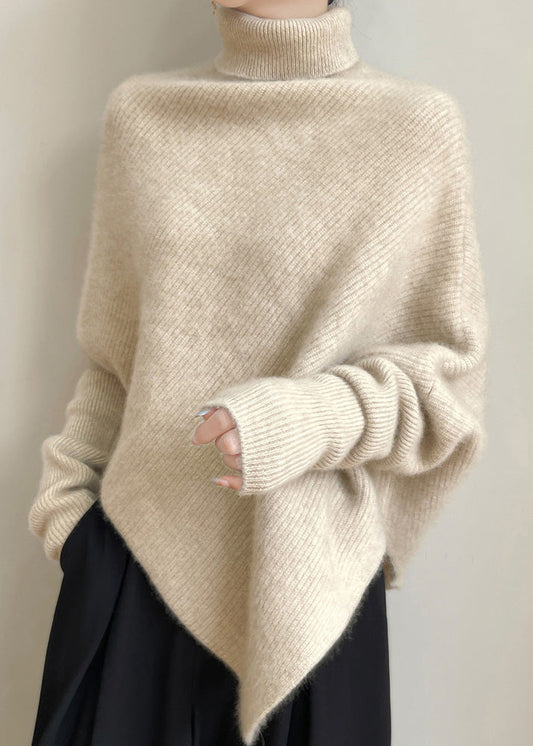 Beige Solid Woolen Knit Batwing Sleeve Sweaters Turtleneck
