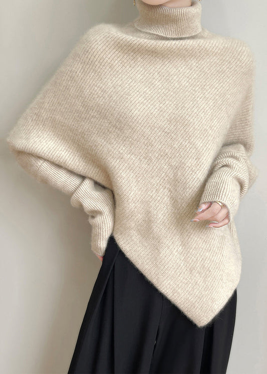 Beige Solid Woolen Knit Batwing Sleeve Sweaters Turtleneck