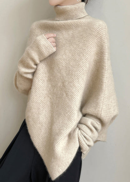 Beige Solid Woolen Knit Batwing Sleeve Sweaters Turtleneck
