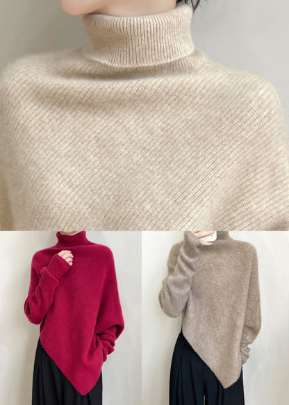 Beige Solid Woolen Knit Batwing Sleeve Sweaters Turtleneck