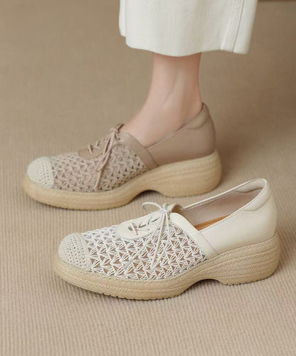 Beige Splicing Boutique Platform Loafers Hollow Out Lace Up