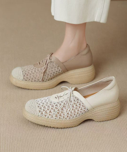 Beige Splicing Boutique Platform Loafers Hollow Out Lace Up