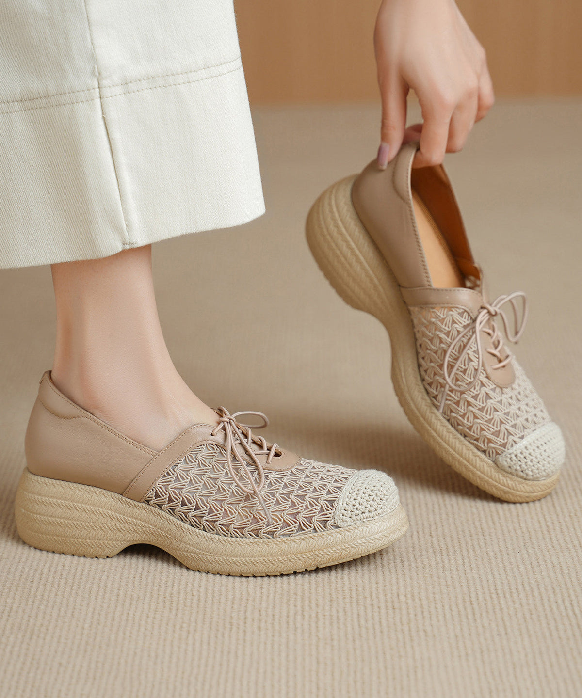 Beige Splicing Boutique Platform Loafers Hollow Out Lace Up