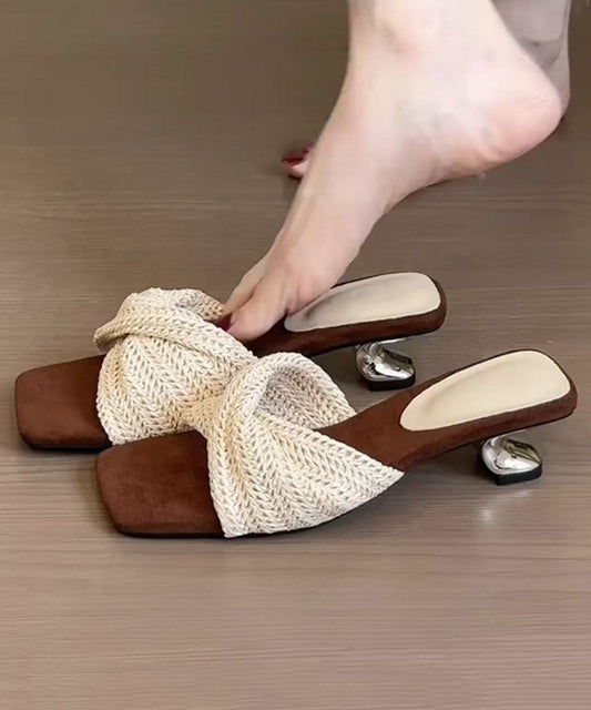 Beige Splicing Stylish High Heel Slide Sandals Peep Toe