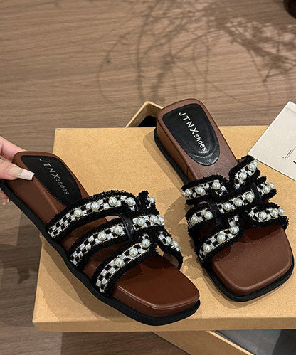 Beige Splicing Wedge Slide Sandals Nail Bead Peep Toe