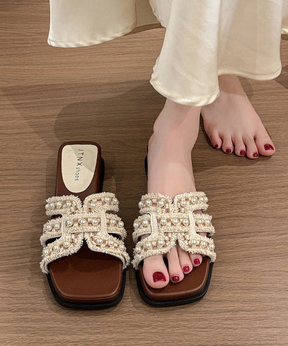 Beige Splicing Wedge Slide Sandals Nail Bead Peep Toe