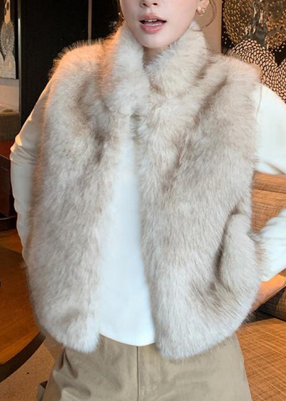 Beige Stand Collar Leather And Fur Waistcoat Winter