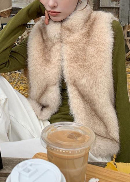 Beige Stand Collar Leather And Fur Waistcoat Winter