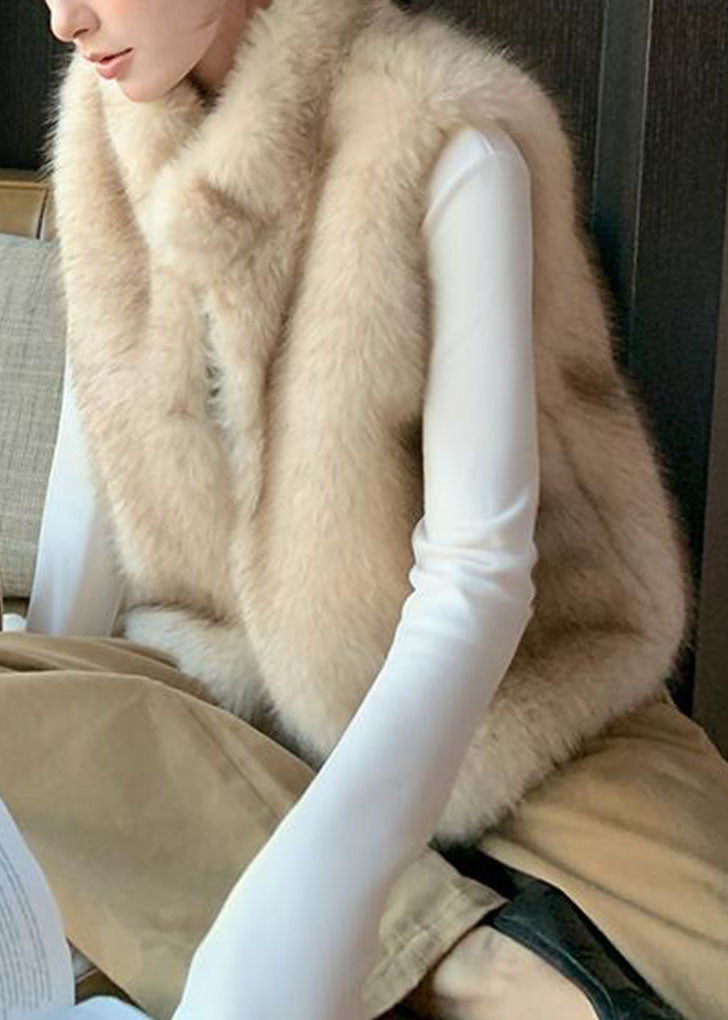 Beige Stand Collar Leather And Fur Waistcoat Winter