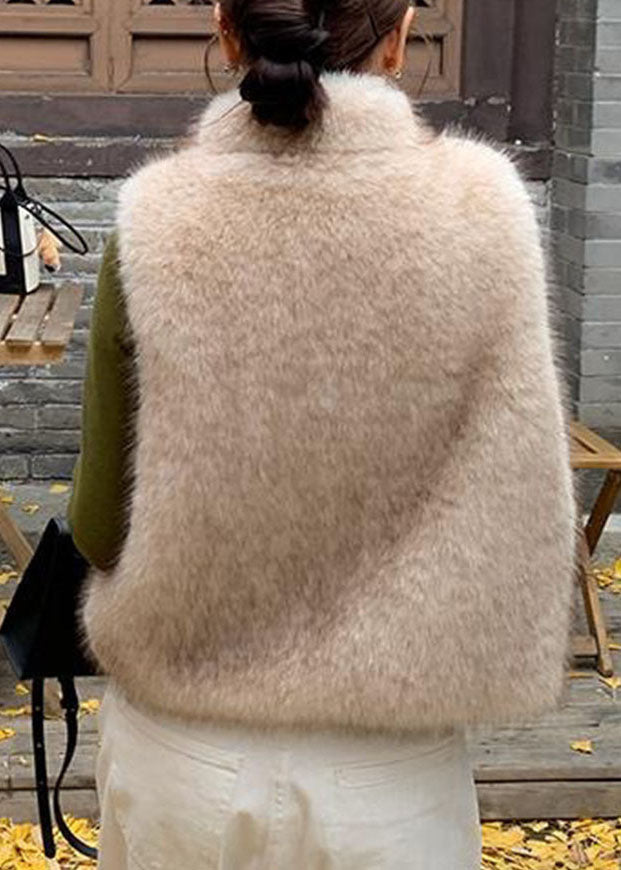 Beige Stand Collar Leather And Fur Waistcoat Winter